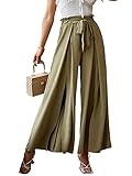 BerryGo Women's Flowy Palazzo Boho Wide Leg Pants High Waisted Elegant Casual Pants with Split Hem Solid Green M