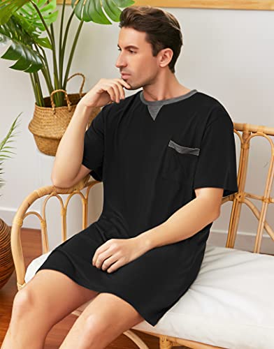 Men Summer Short Sleeve Nightshirt Knee Length Nightgown Cotton Sleep Shirt Lounge Wear with Chest Pocket3