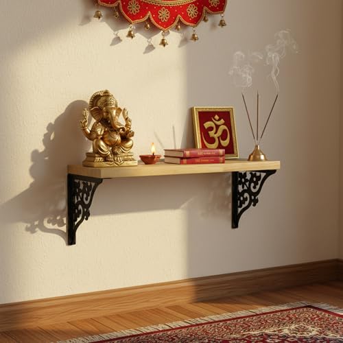 Image of Spillbox Wooden Pooja Metal Shelf |Wall Mountable|Pooja Stand for Home wall Mount|Pooja mandir|wall Mounted Home Temple for Puja Room |Pooja Stand | Mandir-Triple Floral (Small Black)