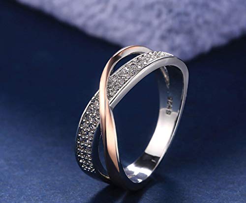 Yaya Two-Tone Intertwined Crossover Ring Silver Rose Gold Plated Inlaid Cubic Zirconia Twist Band Anniversary Ring Wedding Engagement Ring Jewelry Gift for Women4
