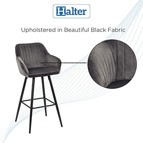 Halter Bar Stool with Back Support and Footrest, Upholstered Modern Bar Stools for Kitchen Counter, Plush Grey Fabric and Black Metal Frame, Kitchen Stools for Island or Counter, 40 Inch, (2 Pack).
