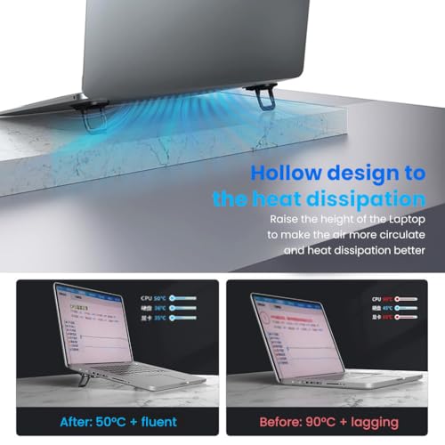 Image of ZORBES Portable Invisible Laptop Riser Stand, 2 Mini Self-Adhesive Alloy Metal Folding Desk Stand, Lightweight Laptop Desk Feet for MacBook, Lenovo, HP, Dell, Laptops & Tablets, 2pc (Black) | Folding Laptop Risers with 2 Hights Aluminum Alloy Mini Laptop Risers Feet, Pack of 2, Black