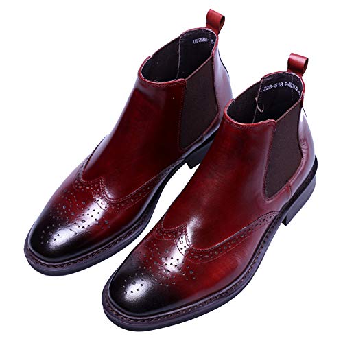 Santimon Men's Leather Brogue Wing Tip Chelsea Dress Ankle Boots Black Red