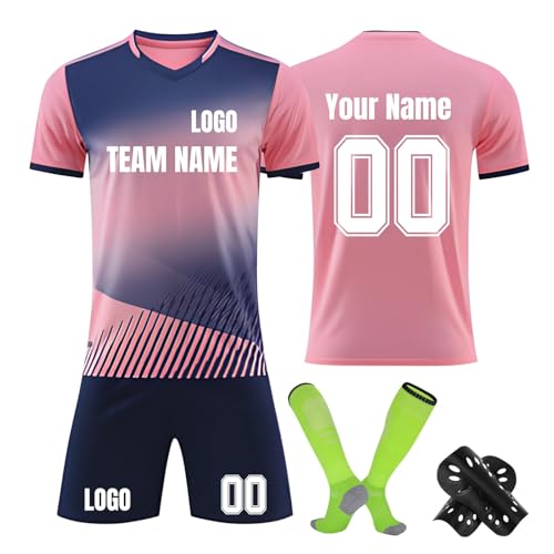 Genérico Personalizada Camisetas Futbol Niño con Nombre Número y Logo, Conjunto de Futbol para Niños/Adultos, con Camiseta Pantalones Cortos Calcetines y Espinilleras