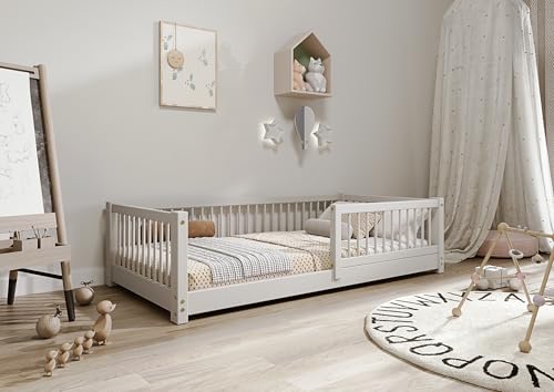 TIMBEE - Alfi - Kinderbett 90x200 cm - Bett Grau - Einzelbett für Kinder mit Lattenrost und Rausfallschutz Abnehmbar - Belastbar bis 100 kg - aus Kiefernholz Klasse 1