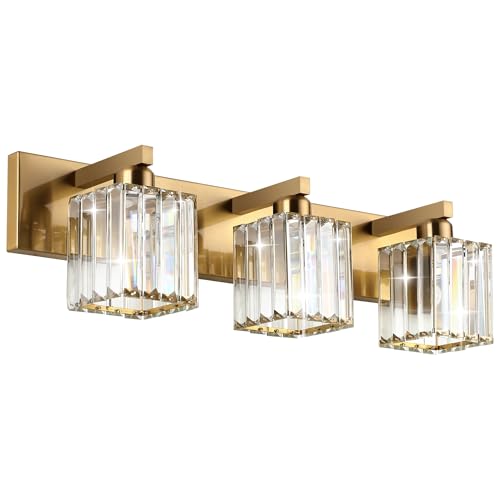 Image of Aipsun Bathroom Vanity Light Fixtures Crystal Vanity Lighting Fixtures Brass 3 Light Bathroom Lighting (Exclude Bulb)