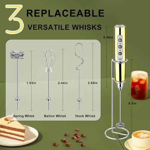 Image of YUSWKO Champagne Gold Handheld Milk Frother Wand with Stand for Coffee, Rechargeable Electric Whisk with 3 Heads 3 Speeds Drink Mixer Coffee Frother For Latte, Cappuccino, Hot Chocolate, Egg