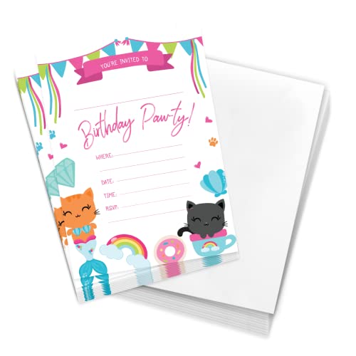 Desert Cactus Cat Kitten Kitty Happy Birthday Invitations Invite Cards (10 Count) With Envelopes Style 2 Boys Girls Kids Party (10ct)