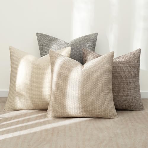 Image of MIULEE Pack of 4 Couch Throw Pillow Covers 16x16 Inch Neutral Beige /Brown Soft Decorative Chenille Pillow Covers Farmhouse Accent Cushion Covers for Boho Spring Home Decor Sofa Bedroom Living Room