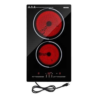 VEVOR Electric Cooktop 12inch 2 Burners Portable Stove Top 1800W 120V, Ceramic Countertop/Built-in Radiant Electric Stove, with 9 Power Levels, Timer, Child Lock, Over-Heat Guard, Touch Control