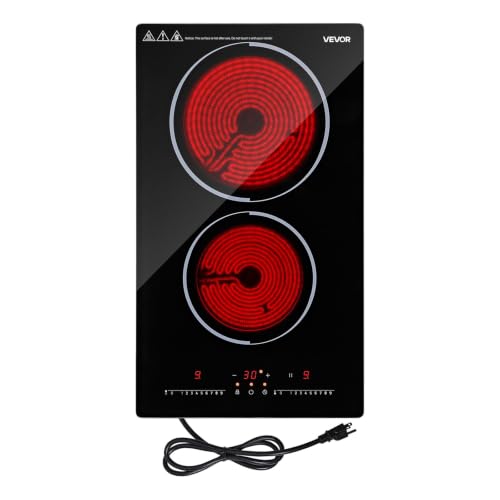 Image of VEVOR Electric Cooktop 12inch 2 Burners Portable Stove Top 1800W 120V, Ceramic Countertop /Built-in Radiant Electric Stove, with 9 Power Levels, Timer, Child Lock, Over-Heat Guard, Touch Control