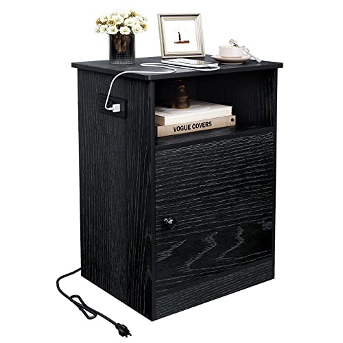 TC-HOMENY Narrow End Table with Charging Station, Side Table, Flip Top, Shelf and USB Ports Nightstand for Living Room, Bedroom