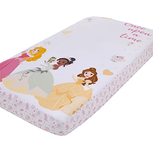 Image of NoJo Disney Princess Make A Wish Pink, White and Yellow Once Upon a Time Nursery Photo Op Fitted Crib Sheet