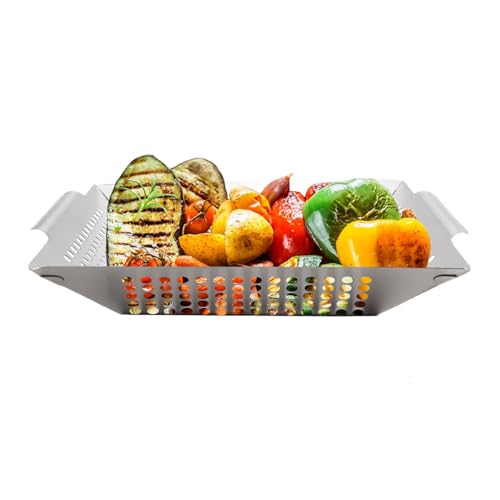 Cestas de parrilla de 12/8 pulgadas para parrilla al aire libre con agujero, cesta de parrilla de verduras de acero inoxidable resistente, cesta de parrilla de verduras para barbacoa (grande)