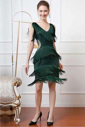 Image of Women Flapper Dresses 1920s V Neck Beaded Fringed Great Gatsby Club & Night Out Dresses