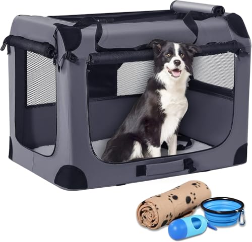 Petprsco Portable Collapsible Dog Crate 81x58x58 cm with Soft Blanket, Foldable Bowl and Poop Bag Dispenser for Medium & Large Dogs