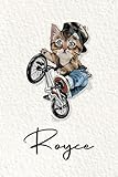 Royce: Cahier personnalisé avec prénom Royce | Cadeau d'anniversaire pour enfant, garçon, homme, copain ... | Chat à bicyclette | 110 pages lignée, ... pouces (15,24 x 22,86 cm) (French Edition)