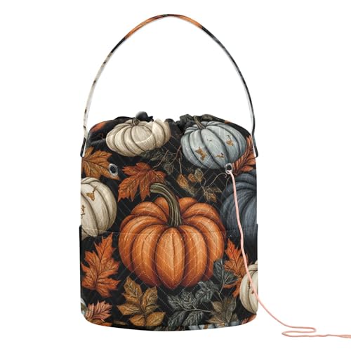 Image of ElliTarr Crochet Bag Yarn Bag with Handle Portable Knitting Project Bag Travel Yarn Storage Organizer Holder Case Fall Thanksgiving Pumpkin