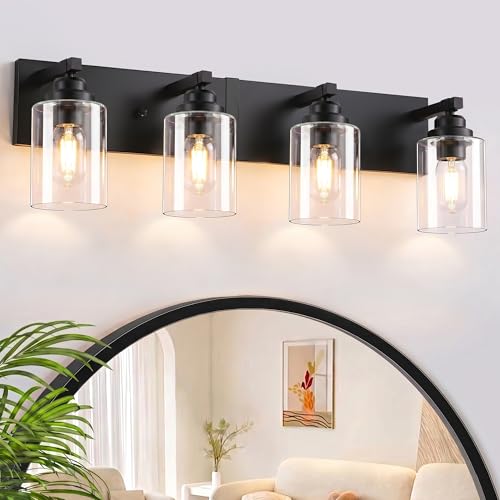 Image of Black Bathroom Light Fixture, 4 Light Matte Black Vanity Light, 27.5 inch Modern Bathroom Lighting Fixtures Over Mirror, with Clear Glass Shade, Vanity Lights for Bathroom Bedroom Hallway