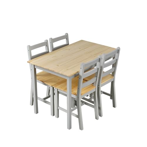 Panana Esstisch mit 4 Stühlen Set Kiefer Holz Essgruppe 4er Set Esszimmerstühle mit Esstisch für Esszimmer, Küche, Wohnzimmer Esszimmergarnitur (Kiefer Holz + Grau)