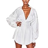 Vestido Camisero para Mujer Cuello en V Profundo Manga Larga Camisa Sexy Vestido de otoño con Botones en Color Liso para Citas Fiesta Club (Blanco, S)