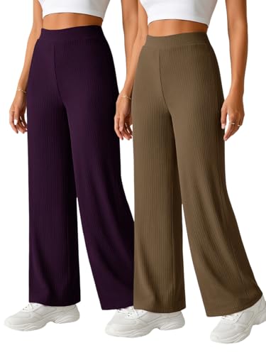 Image of Pinkmint Women High Waist Ribbed Wide Leg Trousers | Stretchable Palazzo Pants |Casual Lounge Travel Office Elastic Waist Flared Pants