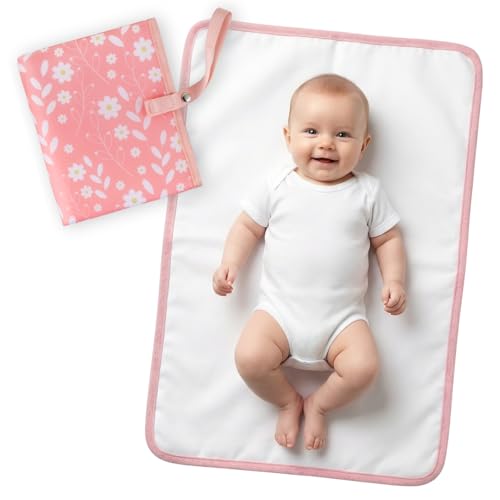 Image of Portable Diaper Changing Pad for Baby - Waterproof Compact Changing Mat with Wrist Strap - Wipeable Travel Changing Pad for Diaper Bag - Gifts for Baby Shower by PHOEBUS BABY(Pink Flowers)