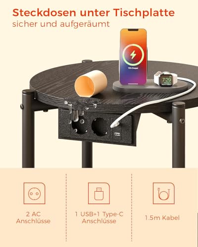 IRONCK Beistelltisch rund, Couchtisch mit Steckdose, Kleiner Tisch Holz, Wohnzimmertisch 2 Ablagen,Sofatisch,USB & Type-C-Anschluss… – Ansicht 3