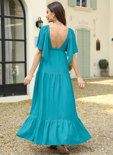 Image of Kikibell Women Summer Dresses Sexy V-Neck Maxi Dress Tiered Silhouette with Flutter Sleeve Backless Elastic Waist Flowy Dress