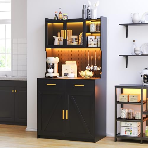 JDPAG LED Kitchen Pantry Cabinet with Outlets, Farmhouse Storage Cabinet