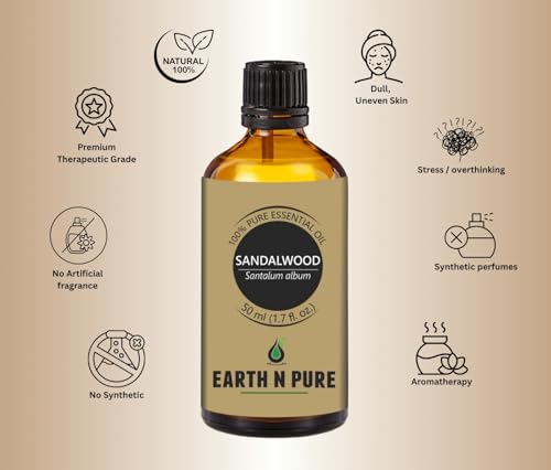 Image of Earth N Pure Sandalwood Essential Oil | 100% Pure & Natural | Steam Distilled | For Relaxation, Skin Nourishment & Meditation | 50ml