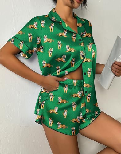 Image of Ekouaer Womens Silk Satin Pajama Set Print Short Sleeve Sleepwear Button Down Pjs Shorts Set Loungewear