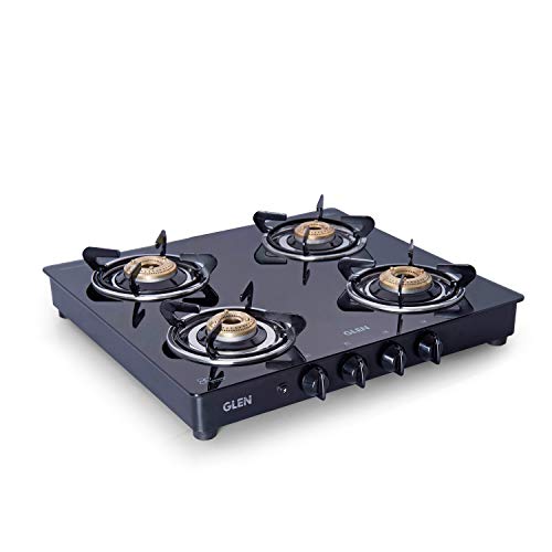 Glen 4 Burner LPG Glass Gas Stove with Brass Burner, Auto Ignition, Black (CT4B55BLBBAI)