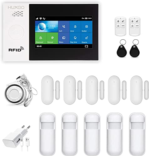 HUXGO, HXA007, WiFi + GSM Funk Alarmanlage mit 4 Bewegungssensor, Alarm für Büro, Haus, Wohnung, Garage, Steuerung über das Handy, TUYA Smart Anwendung, SMS-Benachrichtigungen, Sprache DEUTSCH
