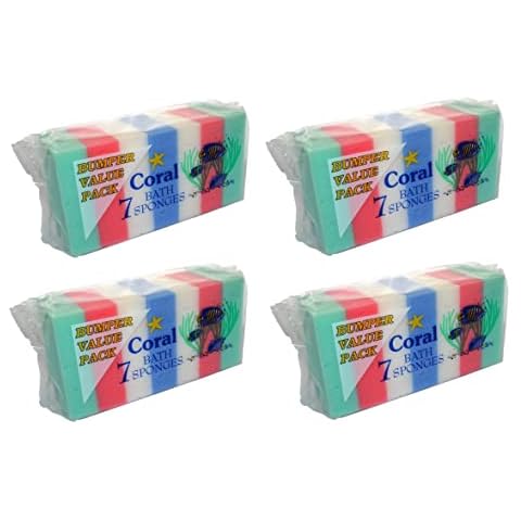 28 x Bath Sponges for Adults and Kids, 4 Packs of 7 Value Sponges for Men and Women, Mixed Colours. 4 Bumper Value Packs containing 7 Each Cover
