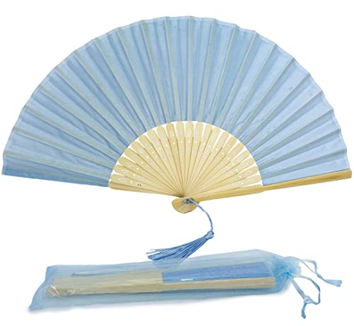 FANSOF.FANS Fabric Handheld Folding Hand Fan With a Tassel Grade A Bamboo Ribs for Women Girls Summer Party Event Favour Birthday Wedding Souvenir Gift (Baby Blue)