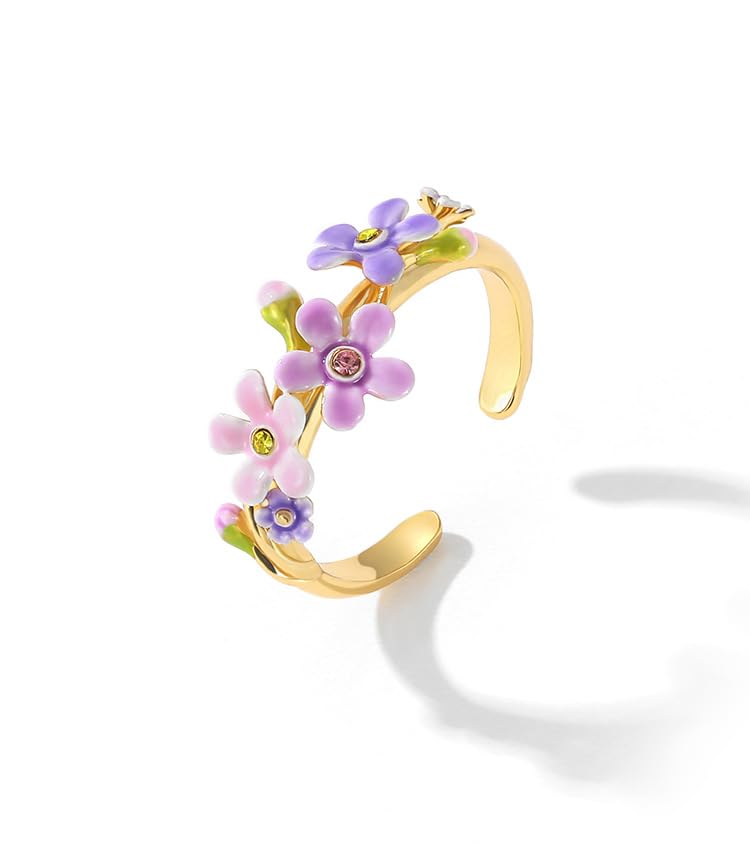 Lavender Purple Pink Flower And Crystal Enamel Adjustable Ring Jewelry Gift Juicy Grape