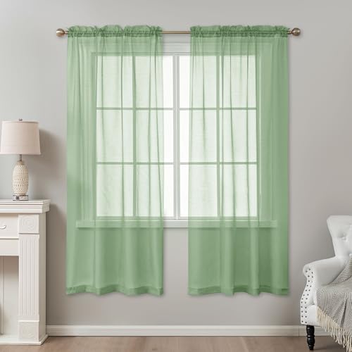 Image of Sage Green Sheer Curtains 72 Inches Long, Privacy Semi Sheer Curtains for Living Room Bedroom, Light Filtering Rod Pocket Voile Window Drapes 2 Panels Set, Each 42 inch W x 72 inch L