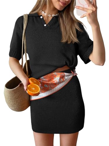 Image of Tankaneo Womens Skirt 2 Piece Sweater Sets Short Sleeve V Neck Knit Polo Shirts Mini Skirts Summer Beach Vacation Outfits