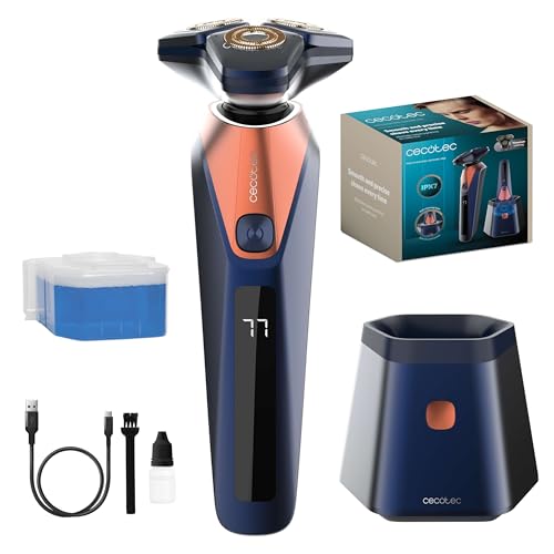 Cecotec Afeitadora Rotativa con Base Autolimpieza PrecisionCare Saphire Pro. 3-5 mins, Incluye Líquido de Autolimpieza, Autonomía 90min, Cuchillas de Titanio, Resistente al Agua IPX7