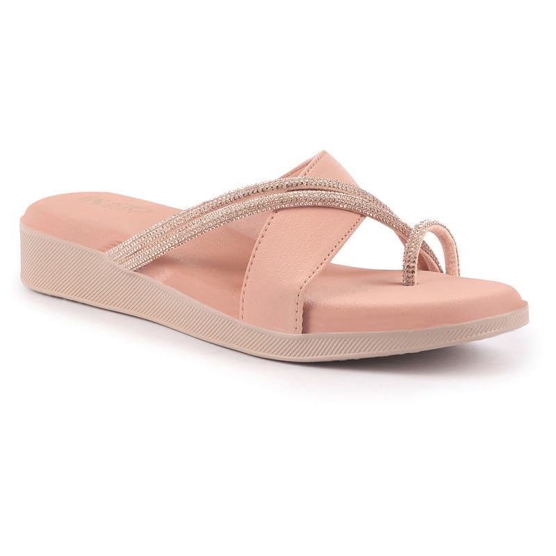 Image of FAUSTO Women Embellished Shimmery Cross Strap Toe Ring Wedding Slip On Slippers | Soft Cushioned Footbed Wedge Sandals | Party, Mehndi, Festive