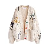 chouyatou Women's Cable Knit Embroidery Patchwork Cardigan V Neck Long Sleeve Open Front Button Down Sweater (Small, Beige)