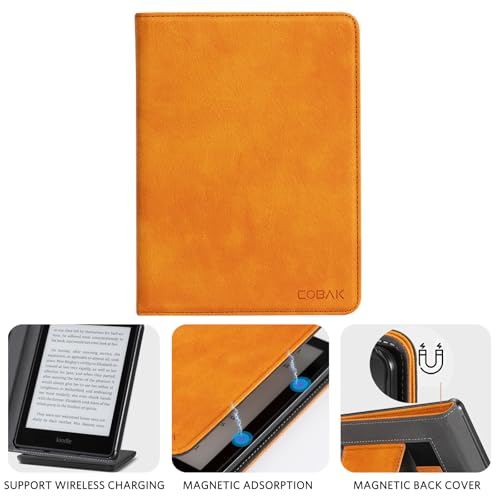 Image of CoBak Case for 6 inch E-Reader - PU Leather Smart Cover with Auto Sleep /Wake & Hand Strap, not Compatible with Kobo Clara,Orange