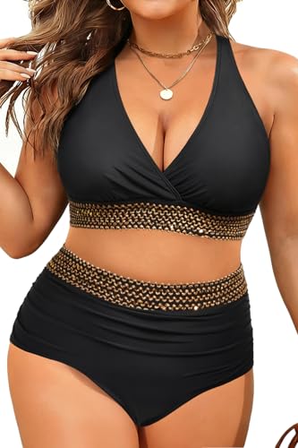 Yonique plus-size bikini set with high waist and adjustable straps