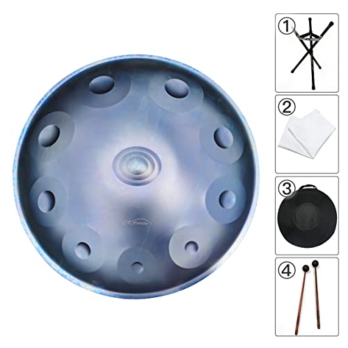 Handpan drum instrument, AS TEMAN handpan,Handpan drum in D Minor 10 Notes 22 inches Steel Hand Drum with Soft Hand Pan Bag, 2 handpan mallet,Handpan Stand,dust-free