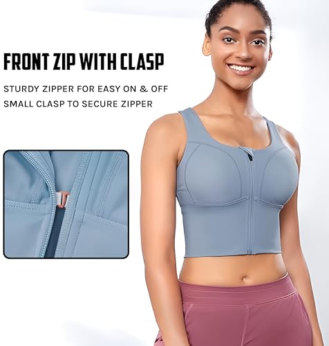 Image of Fabluk Women's Medium Impact Front Zip Sports Bra - Longline Fitness Crop Top with Criss-Cross Back, Wire-Free Yoga & Workout Tank, Sizes M-2XL