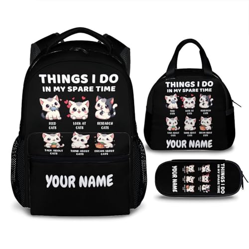 Set of 3 Custom Cat Backpack for Boys Girls, Cute Kids Book Bag Gift Back to School, Animal Theme Backpack with Lunch Box and Pencil Case for Preschool Elementary Kindergarten