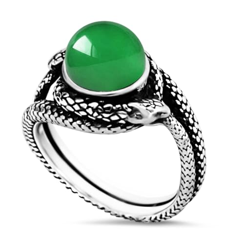 Retro Sterling Silver Green Agate Stone Bead Ring,Cool Punk Gothic Infinity Ouroboros Snake Natural Crystal Gemstone Quartz Gem Stone Ring Jewelry for Women Her (A06_Green Agate, 7)