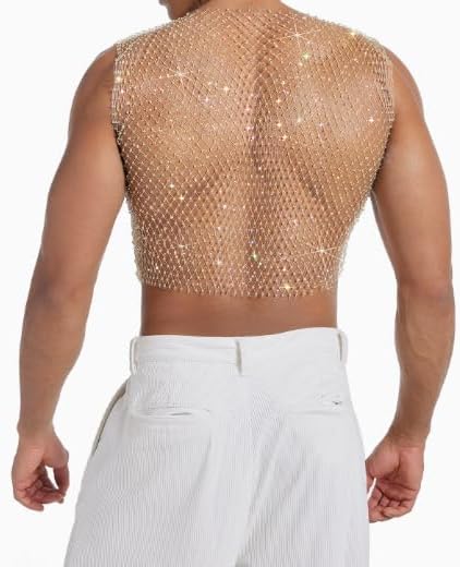 Daring Men's Mesh Vest with Glitter Rhinestones – Sheer Sparkling Top for Statement Style - Image 3