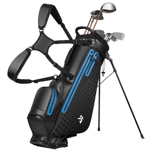 Waterproof Golf Stand Bag for Men, All-Weather Lightweight Carry Bag with 5-Way Top Divider, Reflective Safety Strips, Rain Hood, 6 Pockets, Black